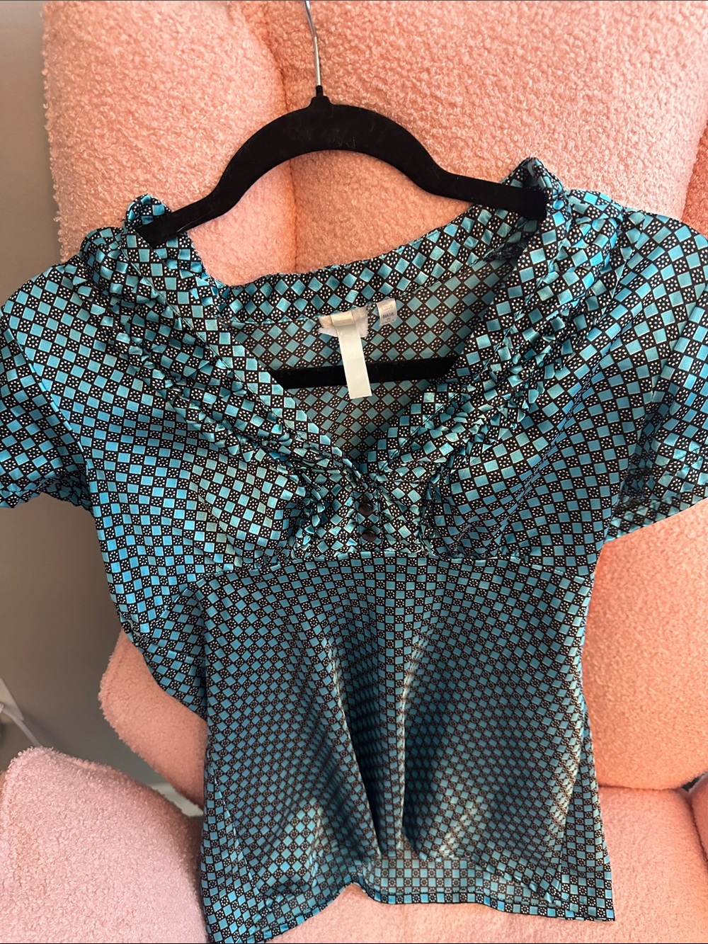 Women's Teal Geometric Ruffle-Trim Blouse